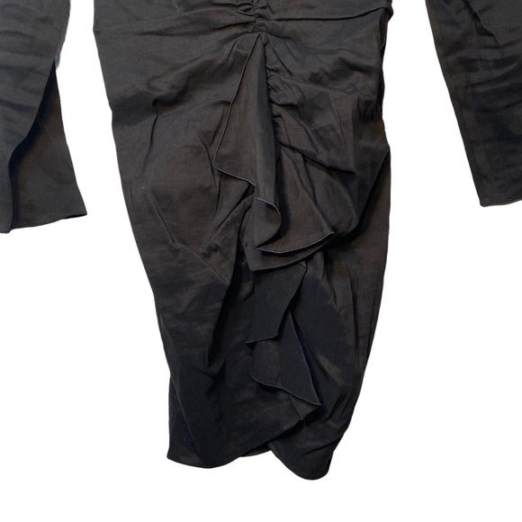 Zara Black Linen Blend Line Ruched Ruffle Front Deep V-Neck Dress Womens Small - Picture 4 of 10